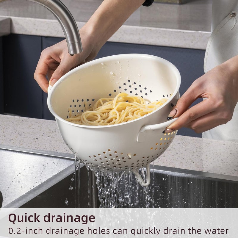 BeFare Metal Colander 5 Quart Powder Coated Self-draining Metal Strainer with Base,Kitchen Pasta Fruit Vegetable Basket with Double Handles (Cream) - Image 3